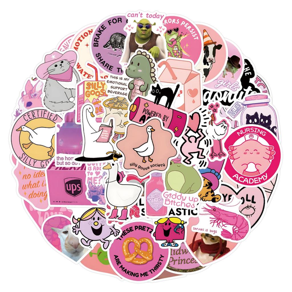 50 Cartoon Pink Fun Stickers for Journals, Stationery, Water Bottles, and Computers - Waterproof and Humorous Decor.
