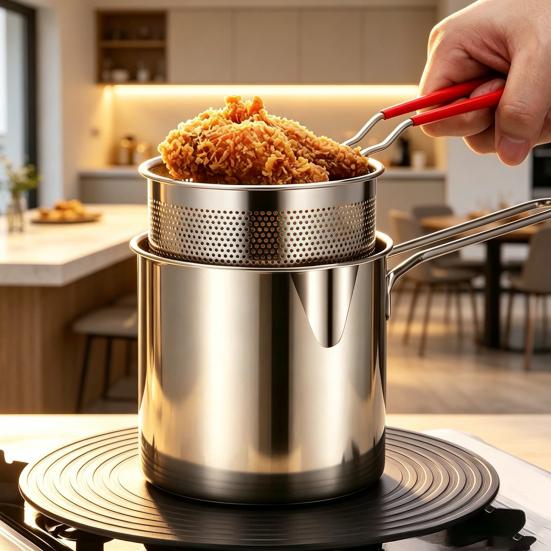 Friteusepan met Mand Roestvrij Staal Frituurpan, Oliebesparende Frituur & Makkelijk Schoon te Maken Frituurklem voor Thuis Commercieel, Hittebestendige Pan Gasfornuis Gereedschap