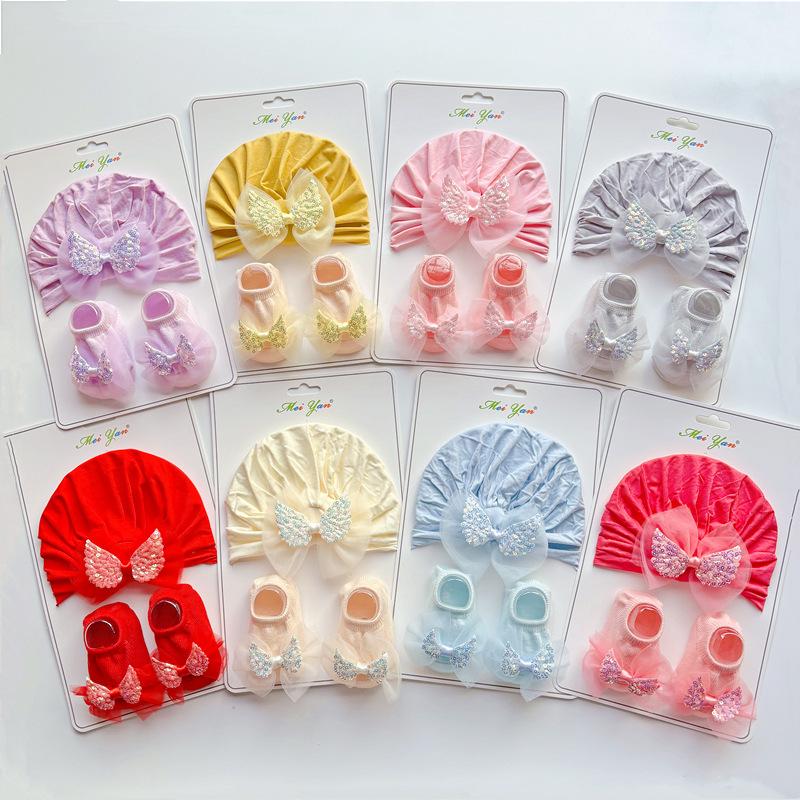 Flower Baby Turban Cap Socks Set Lace Bowknot Newborn Indian Hat Solid Cotton Kids Boat Sock Children Headwear Hair Accessories