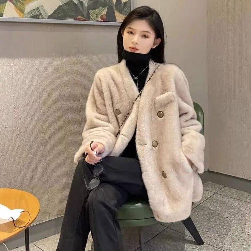Cozy Faux Fur Coat for Women V Neck Double Breasted Casual Winter Outerwear