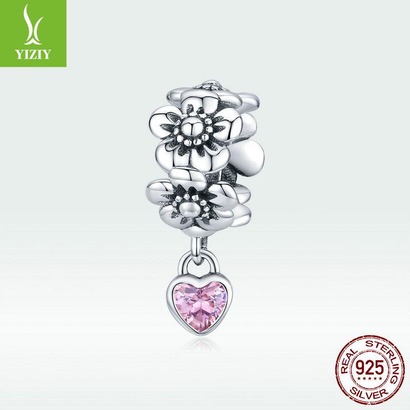 Original DIY Pink Flower S925 Silver Beaded Bracelet Jewelry Accessory SCC1485