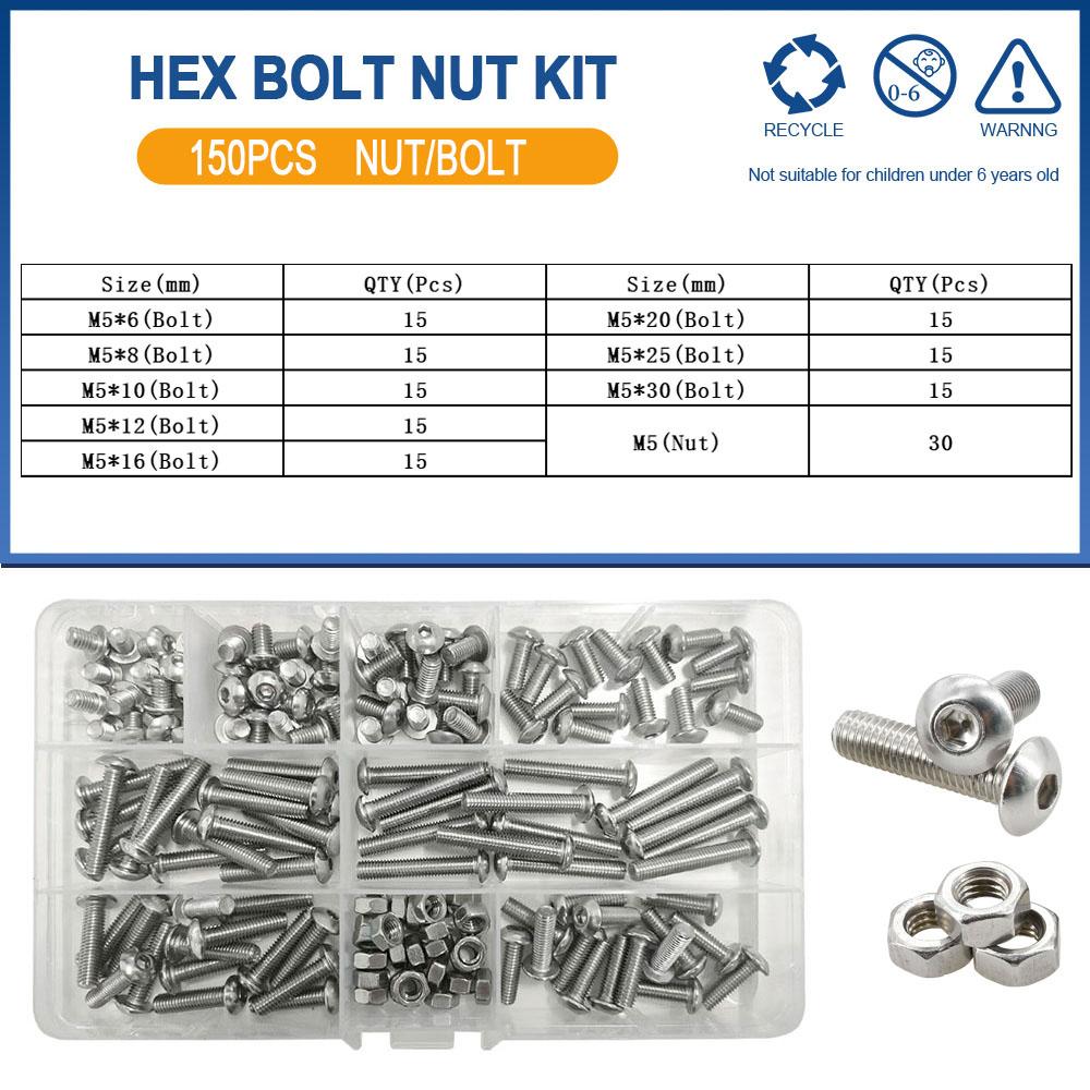 Allen Screw Nut Bolt Kit M2 M3 M4 M5 M6 304 Stainless Steel Bolts Nuts Set Hexagon Button Round Head Machine Screws Nuts Kit