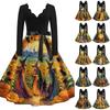 Women's Casual V-Neck Long Sleeve Vintage Halloween Print Dress