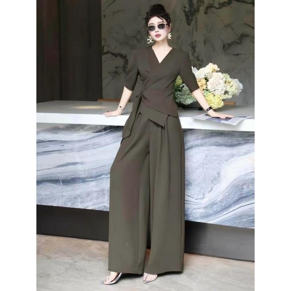 Women's Half Sleeve Solid Color Loose Fit Top High Waist Wide Leg Long Pants 2-Piece Set