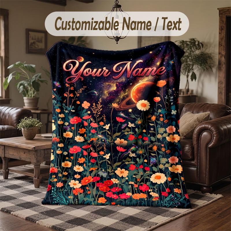 Cosmic Floral Mandala Theme Throw Blanket Custom Name Text Personalized Blanket Soft Cozy Blanket for Home Sofa Bed