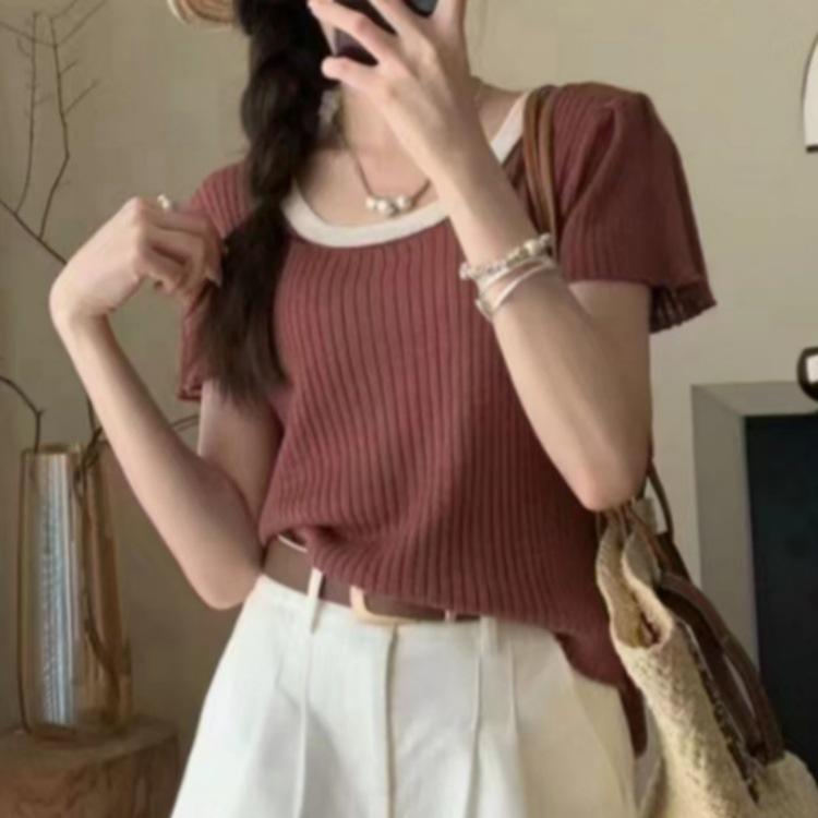 Fashion Clashing Color Knit Short Sleeve T-shirt Women Summer Round Neck Slim Short Unique Chic Small Tops Casual Essential Slim Fit Pullovers Tees