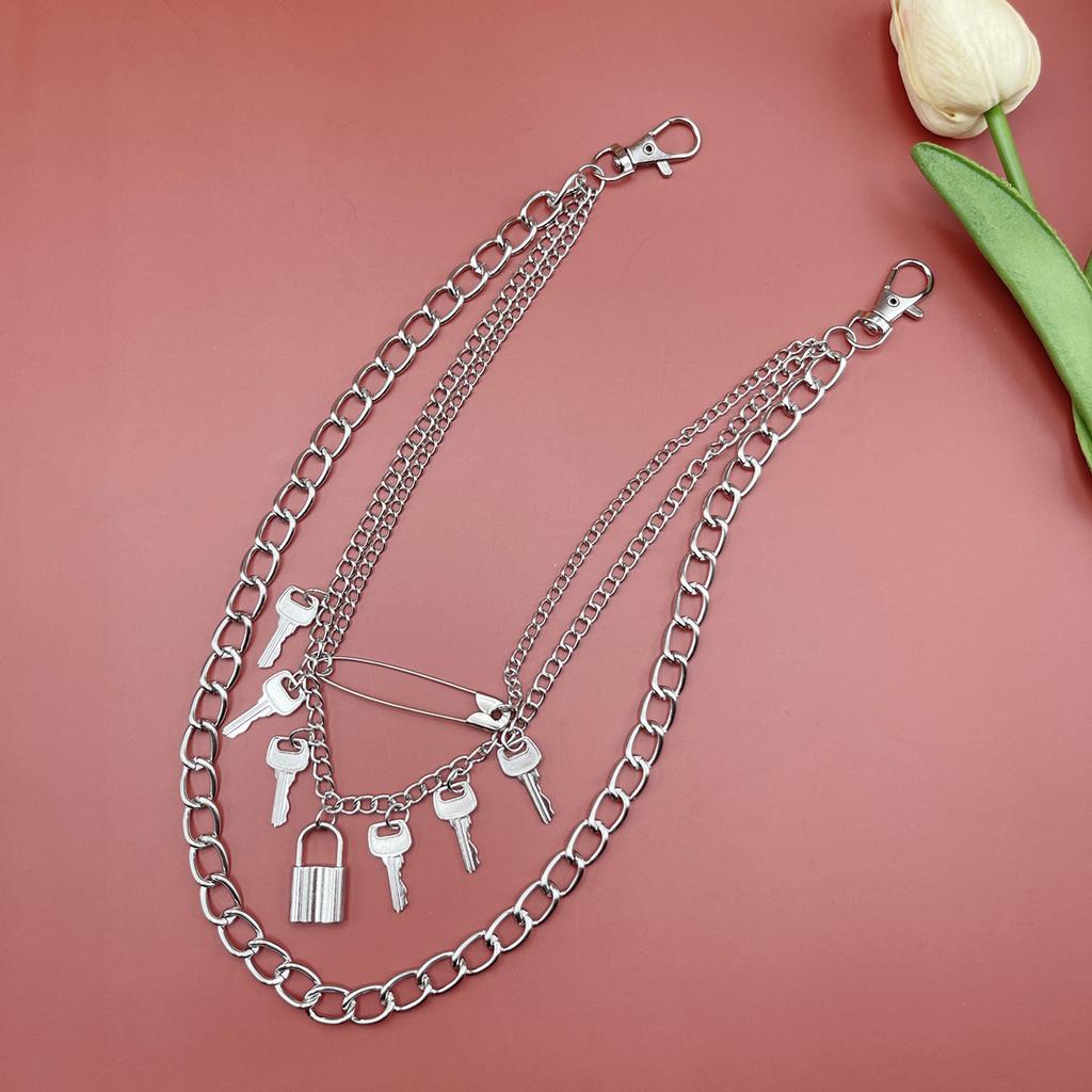 Retro metal key pendant, multi-layer waist chain, female punk trend lock-shaped trouser chain decoration