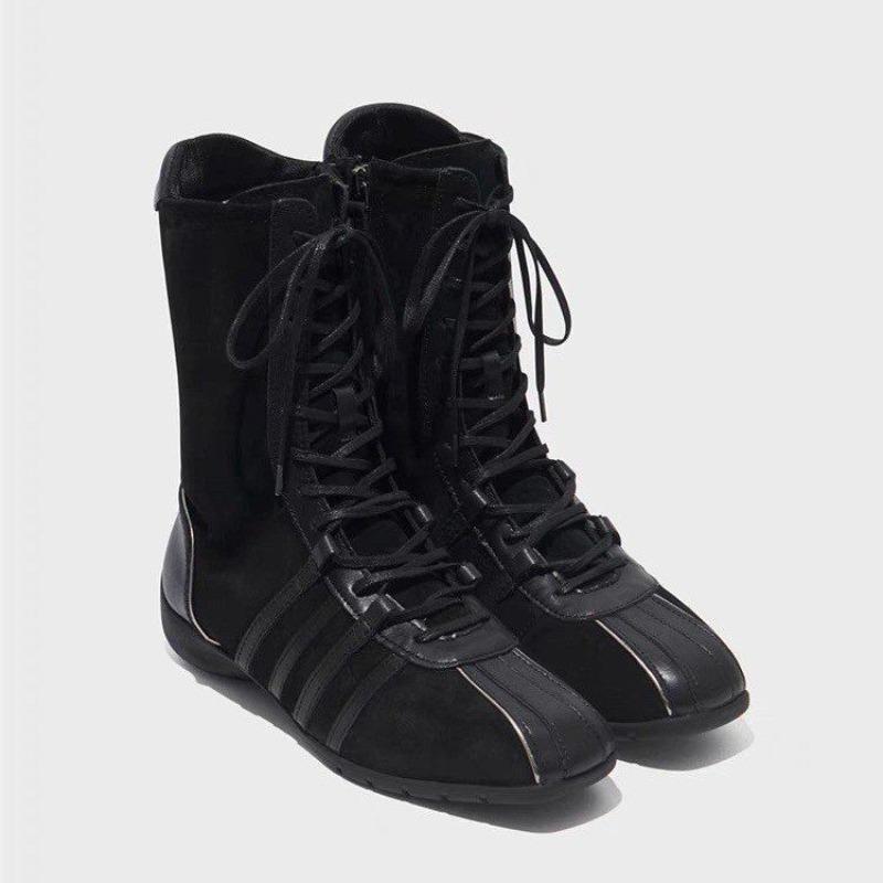 Fashion Low Heel Single Boots Autumn New Round Toe Spliced Front Lace-Up Side Zipper Anti-Slip Wear-Resistant Mid-Tumble Boots