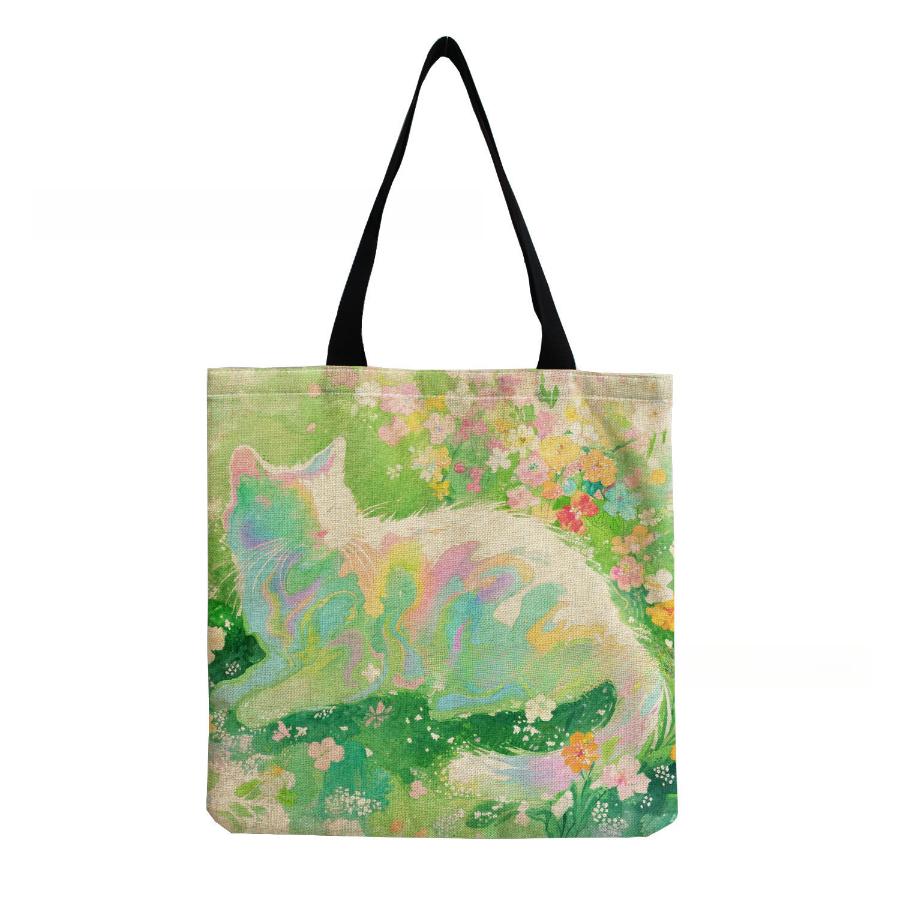Women Vintage Linen Tote Bag - Large Capacity Cat Print Shoulder Handbag for Casual & Grocery Shopping KTB