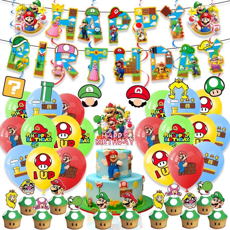 Mario Theme Party Decorations Set Flags, Cake Toppers, Balloons, And Spirals For An Amazing Party Atmosphere!