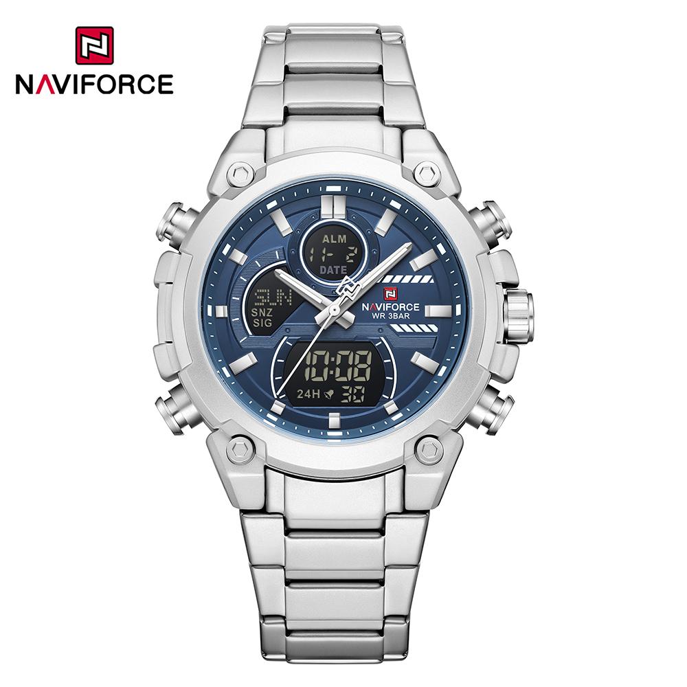 Naviforce Men Dual Time Watch Quartz Movement LCD Digital Chronograph Luminous Hands Stainless Steel Strap Waterproof Men Watch NF9278
