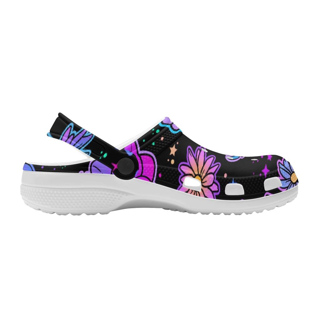 White EVA Clogs with Rainbow Skull Print, Lightweight Slip On Garden Shoes, Breathable Beach Sandals, Indoor Outdoor Slippers for Men Women