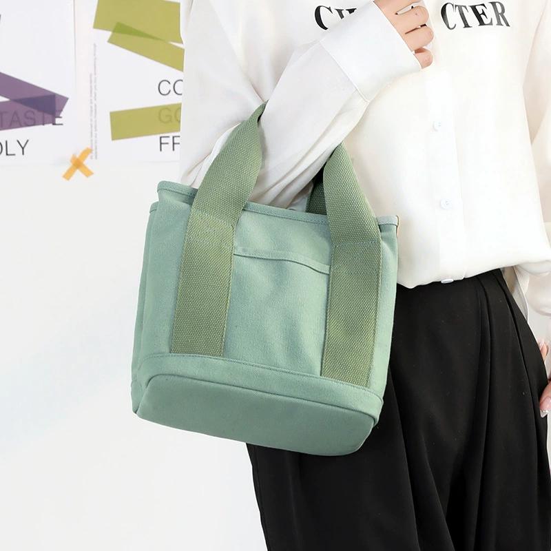 Women Small Bag with Zipper Fashion Lady Single Shoulder Portable Thickened Canvas Mobile Phone Bucket Tote Bag