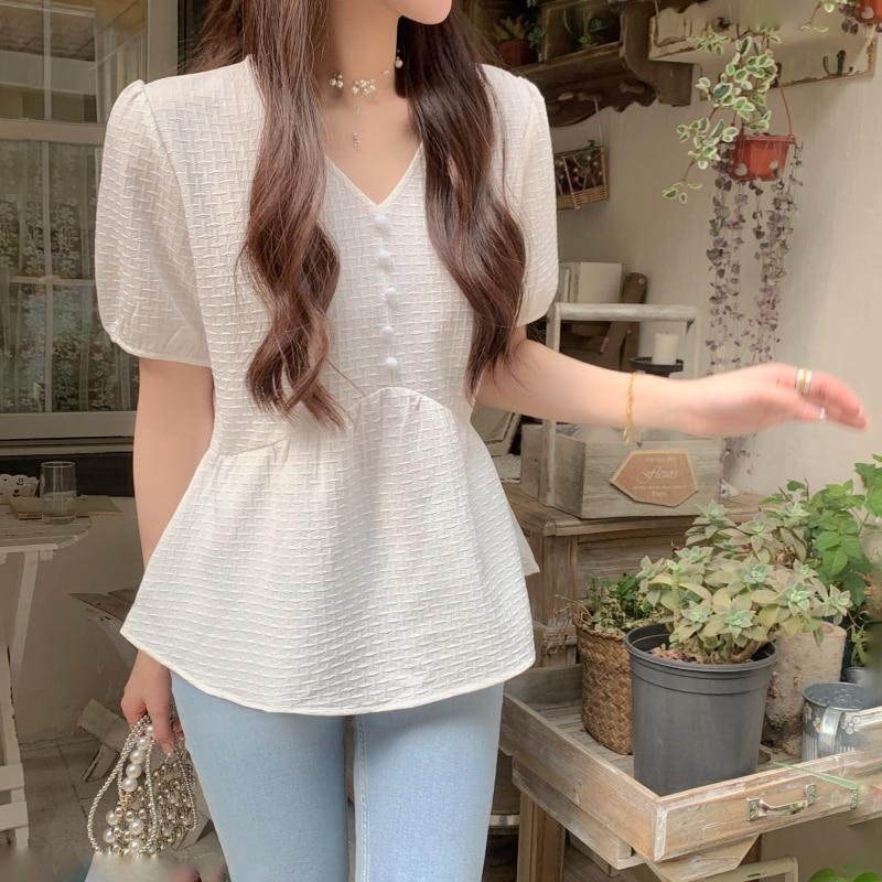 Korean Fashion Summer V Neck Blouse Women 2023 Sweet Short Sleeve Tops Elegant White Pleated Casual Loose Ruffles Shirts 26954