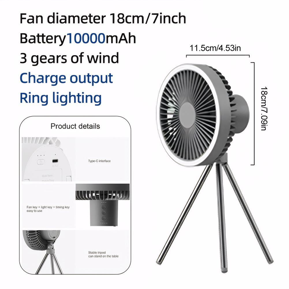 10000mAh Outdoor Camping Fan with Power Bank LED Lighting Circulator Desktop Fan Rechargeable Tripod Stand Fan for Home Office