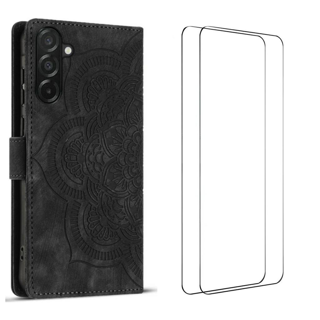 For Samsung Galaxy A56 5G Case with 2Pcs Tempered Glass WANLONFENG MTL Series Mandala Leather Phone Cover