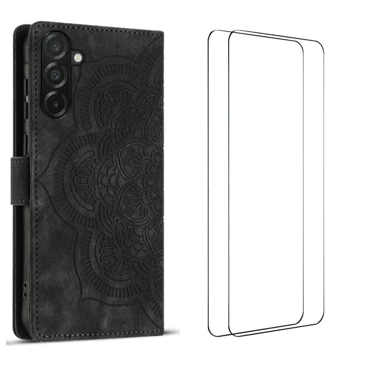 

For Samsung Galaxy S24 FE Case with 2Pcs Tempered Glass WANLONFENG MTL Series Mandala Leather Phone Cover Black