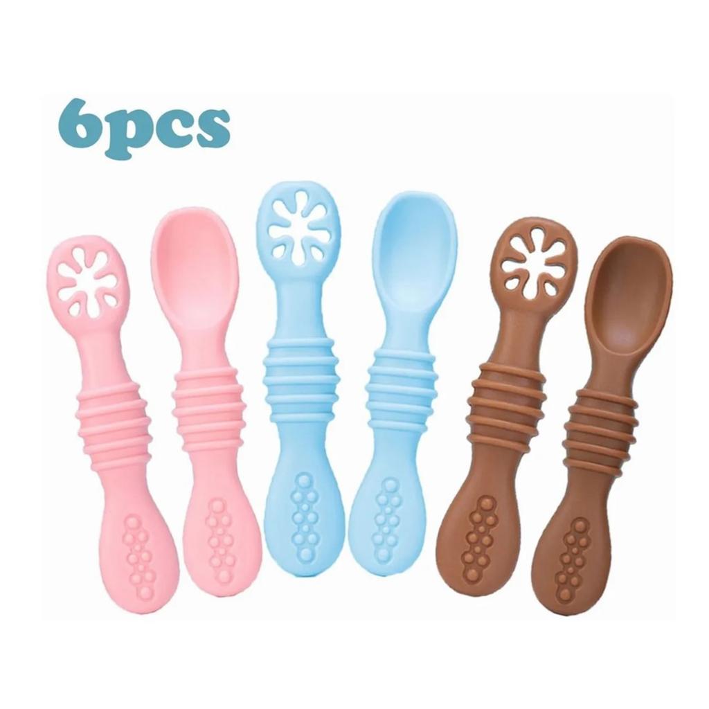 6 ks Dětská lžička Silikonová Měkká Bez BPA Hladký Vzhled Krmící lžička Nebesky modrá Světle růžová Hnědá