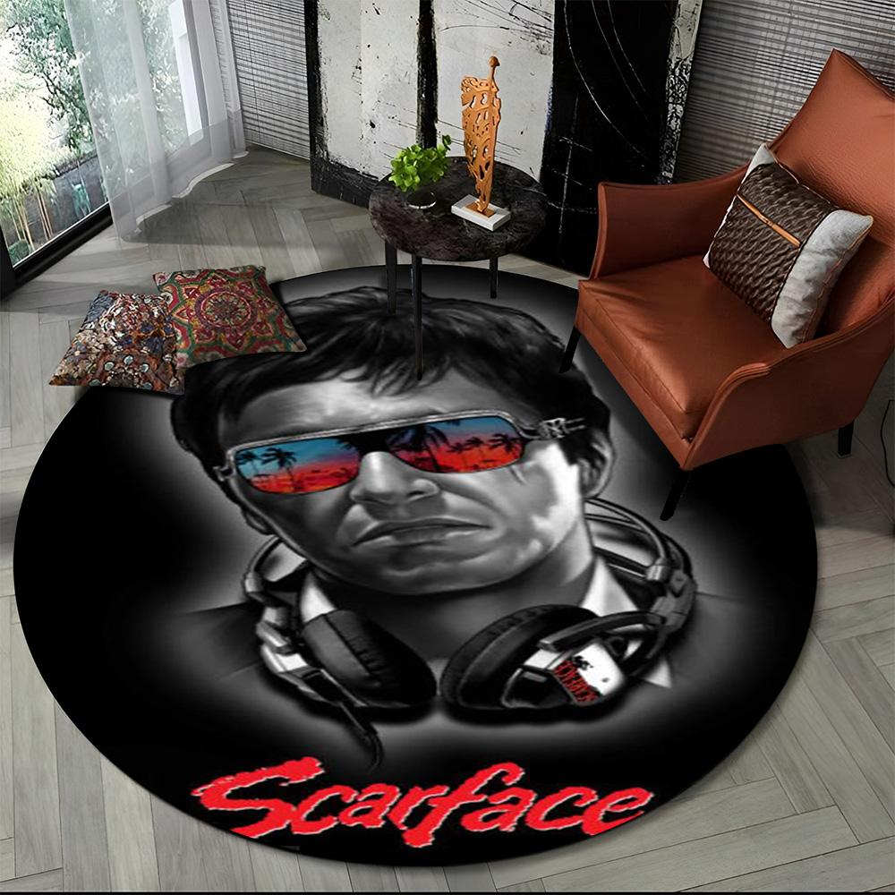 3D Tištěný Film Scarface Tony HD Kulatý Koberec pro Obývací Pokoj Ložnici Dětský Herní Koutek Dekorace, Koberec do Zvířecí Zóny Protiskluzová Podložka