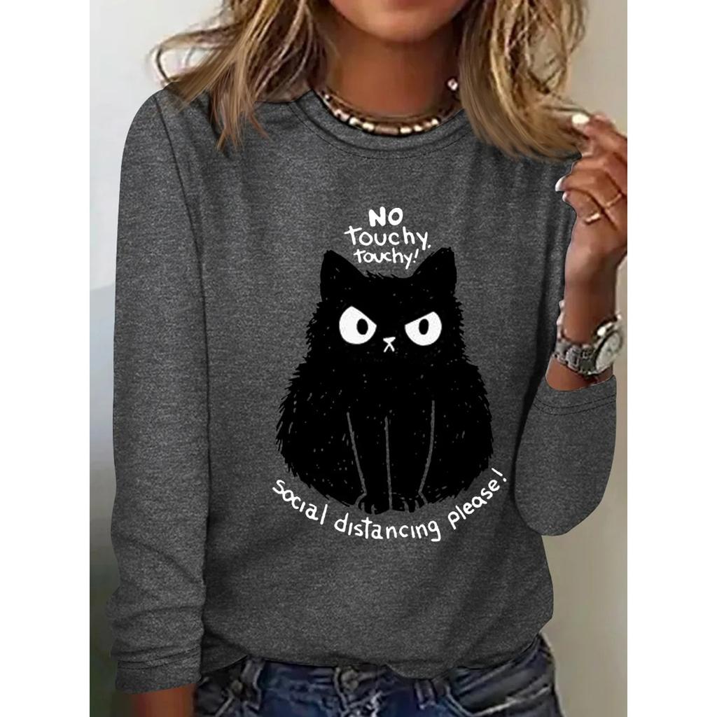 Rundhals 3D-bedrucktes Katzenmuster Top Modische Lässige Langarm Damen T-Shirts