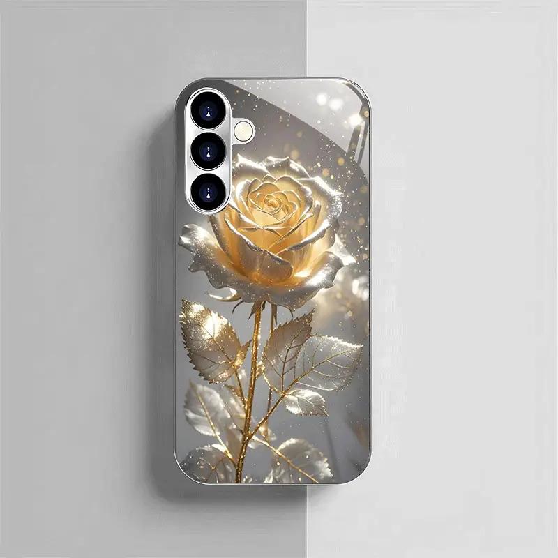 Rose patterned glass phone case suitable for Samsung Galaxy S26 S25 S24 S23 S22 S20 FE/Ultra/Plus anti drop back cover