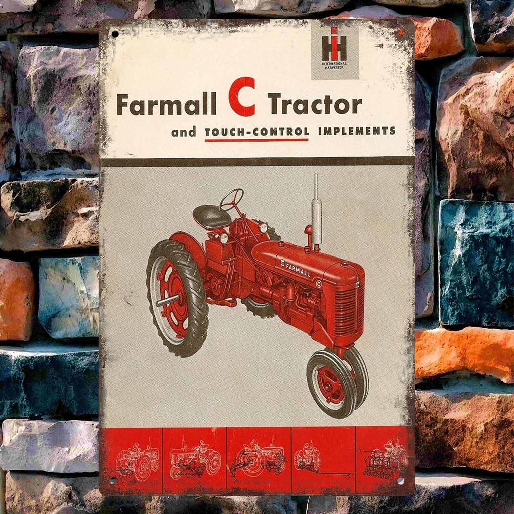 Retro Red Tractor with Exhaust Smoke in Countryside Scene Vintage Metal Wall Sign Decor Poster Frames Garage Living Room