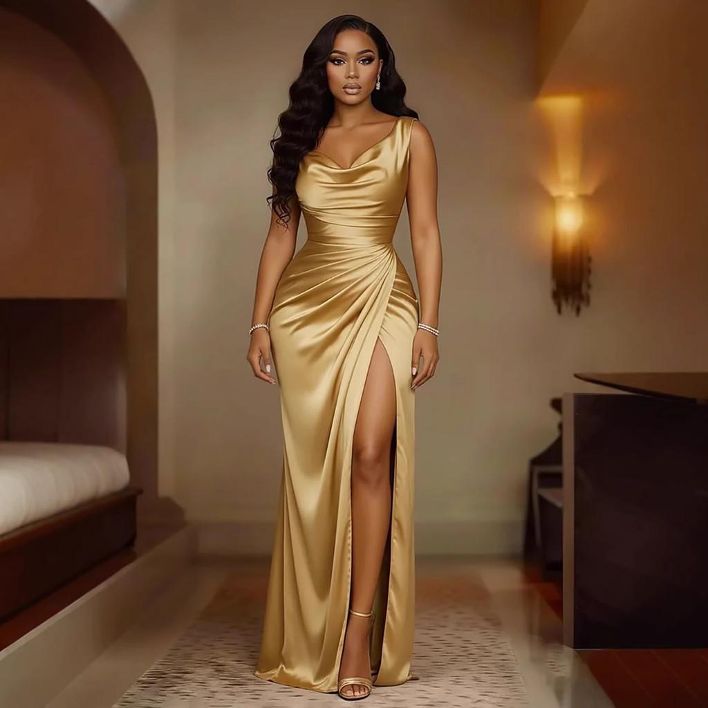 Elegant Satin Slit Hem Sleeveless Mermaid Dress With High Waist For Evening Parties