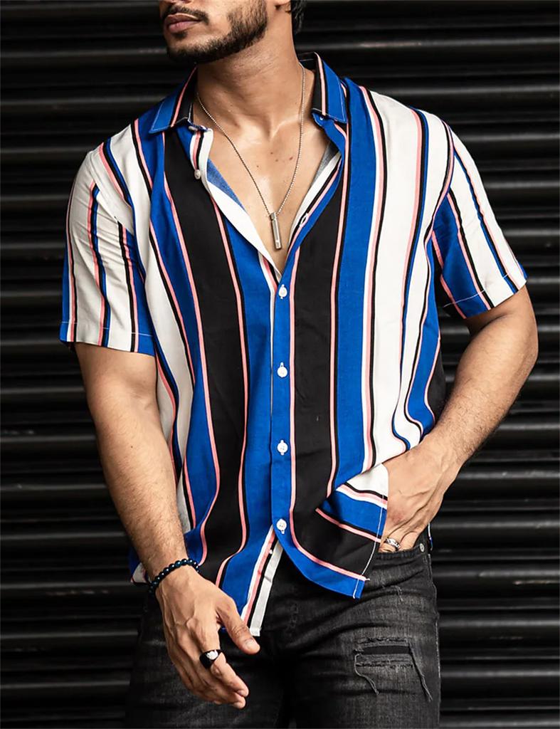 Fashion Men's Striped Print Shirts Button Short Sleeve Lapel Streetwear Summer Basic Blouse Classic Shirts for Men