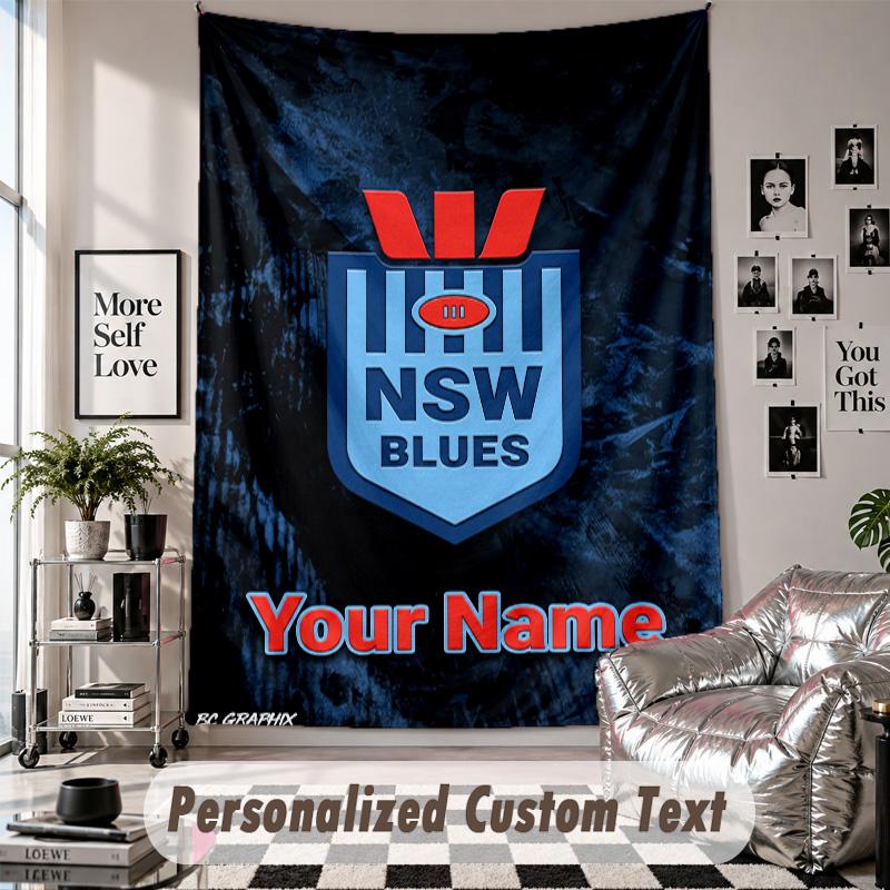 Wall Hanging Tapestry With Custom Name & Text, NSW Blues Logo Decorative Tapestry For Bedroom