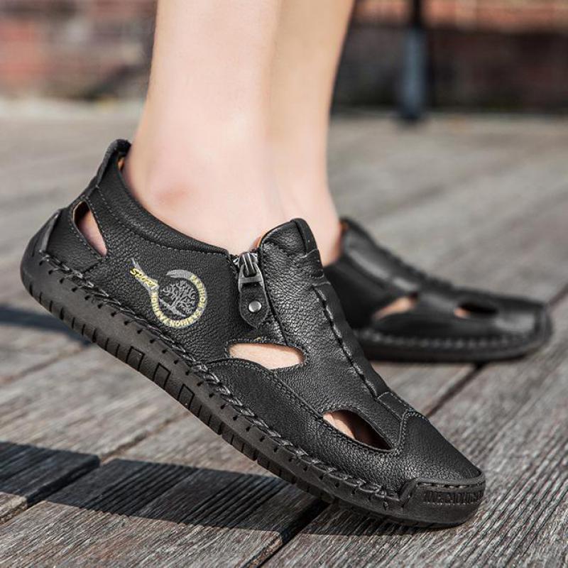 Fashion Summer Brown Genuine Leather Sandals for Men Low Heel Hollow Breathable Flat Shoes Soft Handmade Casual Shoes Luxury Beach Shoes