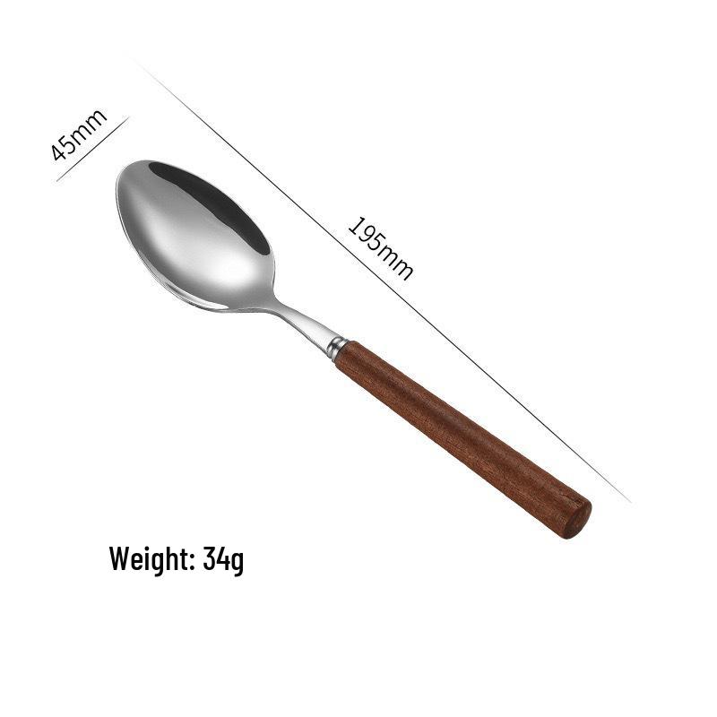 4-Piece High-End Stainless Steel Cutlery Set with Wooden Handles: Includes Knife, Fork, Spoon, and Teaspoon for Western Cuisine.
