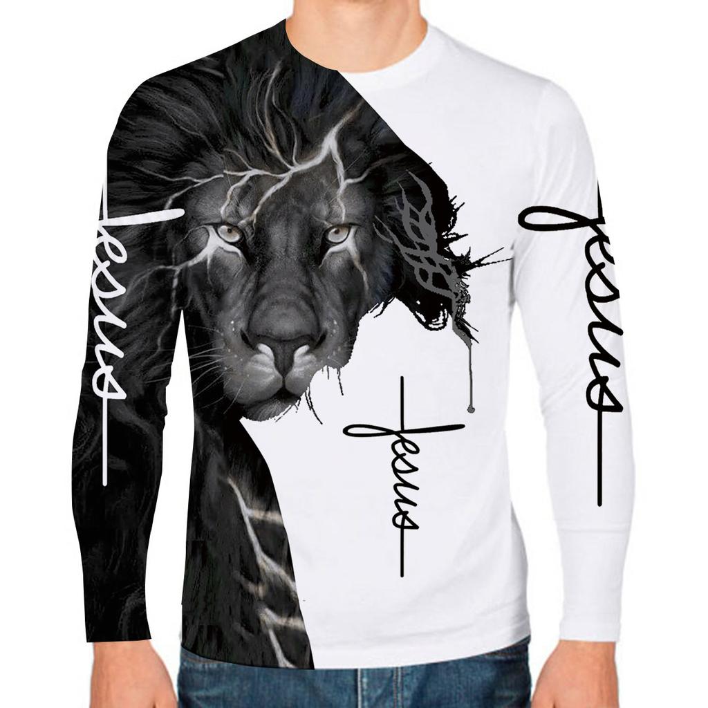 God Christ Jesus And Lion 3D Print Men's T-shirts Autumn O-Neck Long Sleeve Cotton Street Loose Tops Tees Oversized T Shirts 5XL