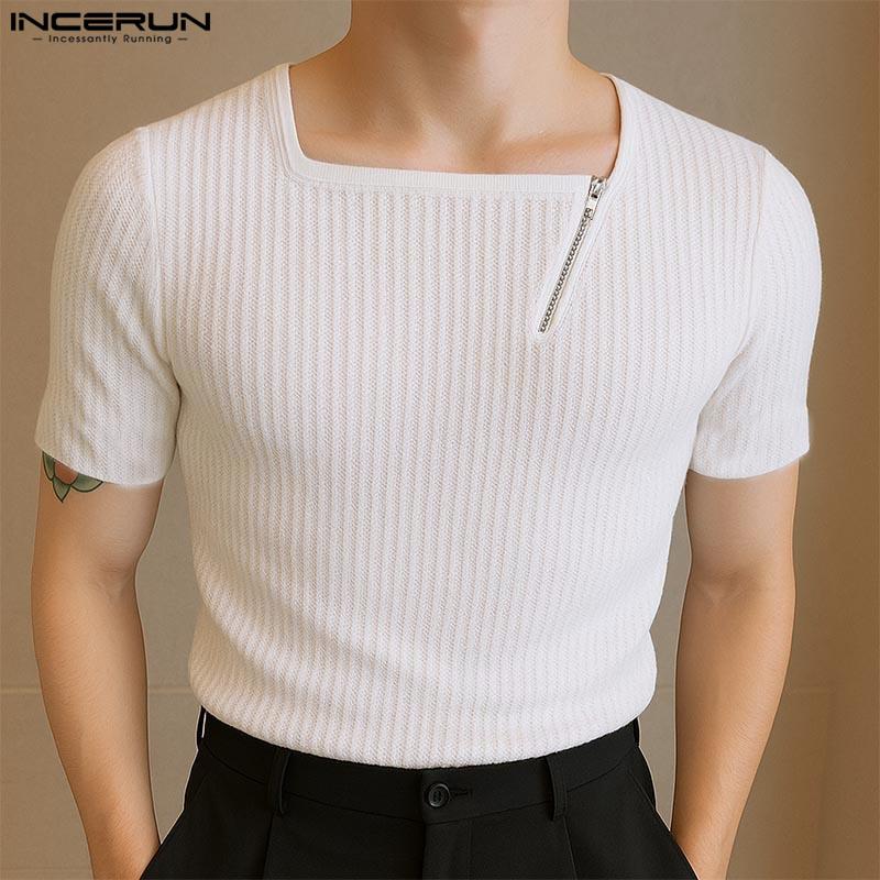INCERUN Summer Men Square Collar Short Sleeve Zip-up Casual Rib Skinny T-shirts