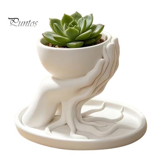 Natural Literary Style Tabletop Decor 3D Printed Palm Shaped Succulent Planter with Drainage Tray, Holding Indoor Desktop Flower Container Mini