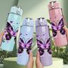 1PC Purple Gradient Butterfly Art Print 750ml Color Plastic Sports Water Bottle Leakproof Flip Straw Lid Suitable for Sports Office Home Use