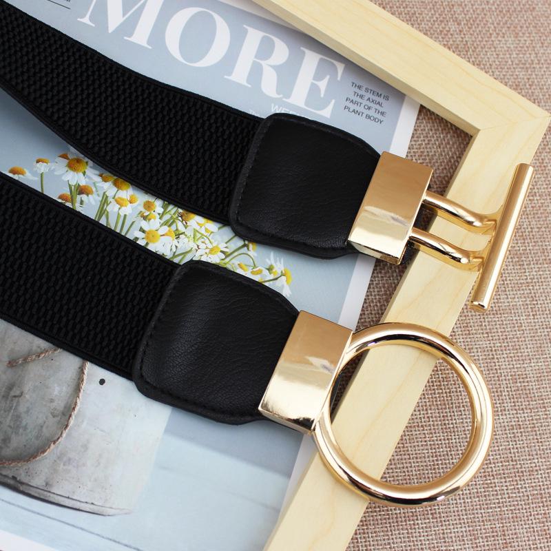 Fashionable Elastic Belt with Round Gold Buckle In Black and White