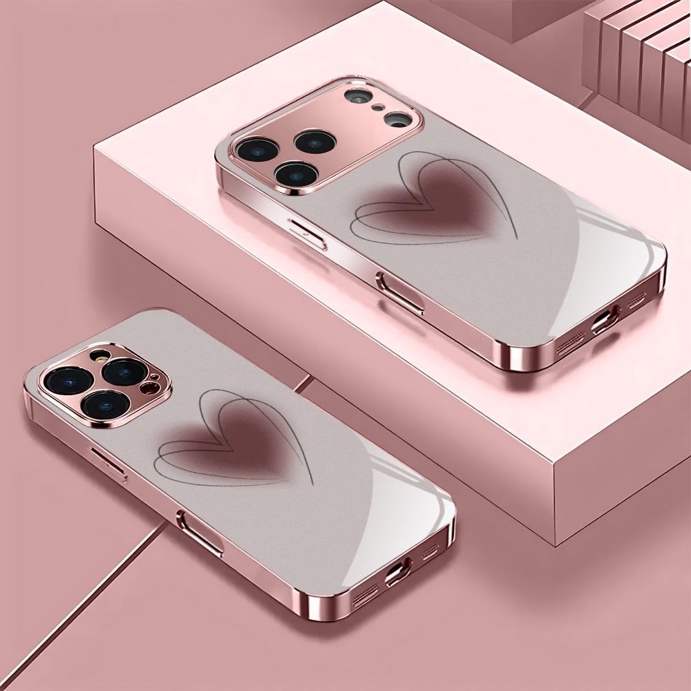 Heart shaped pattern metallic paint glass phone case suitable for iPhone 17 16 15 14 13 12 11 Pro Max Plus shockproof back cover