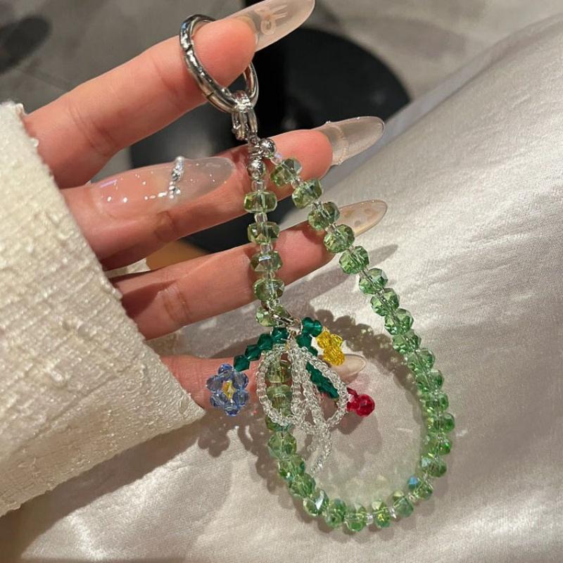 

Luxury Sparkle Rhinestone Cute Flower Pendant Bead Hand Chain Wrist Short Hanging Rope With Clip Phone Case Earphone Keychain