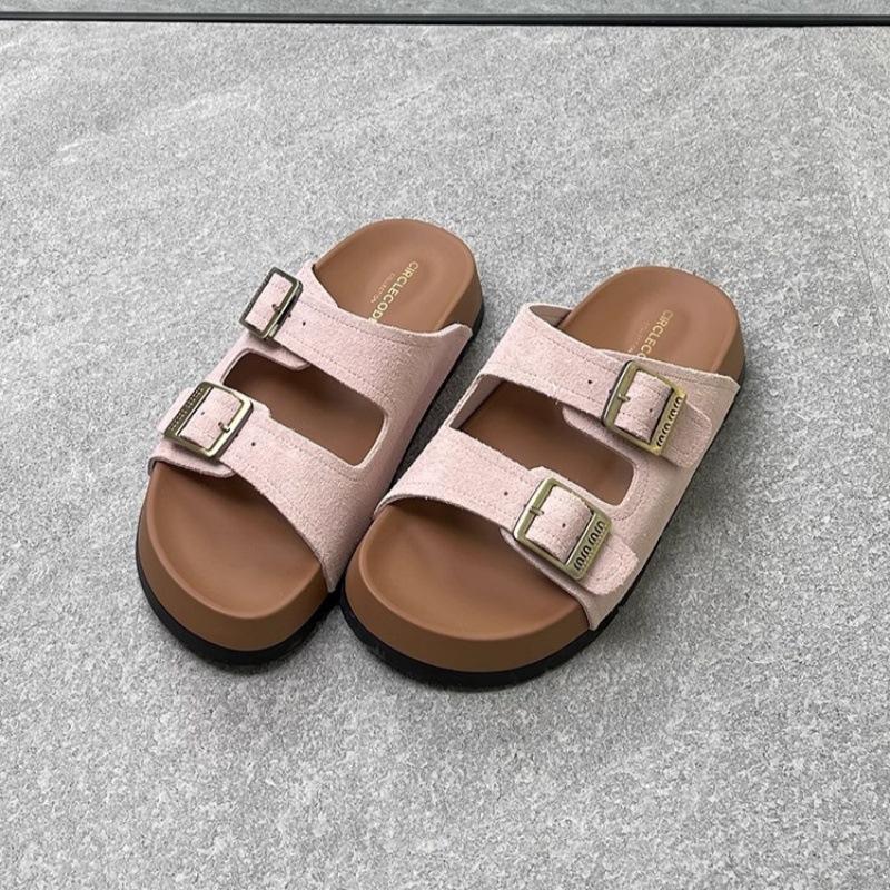 Leather Platform Slippers Women's Wear Spring and Summer New Belt Buckle One-word Drag Versatile Sandals