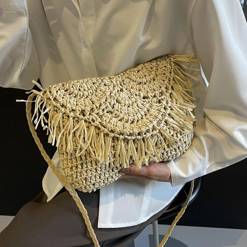Handwoven Cotton Straw Shoulder Bag Crochet Tassel Beach Bohemian Purse for Women