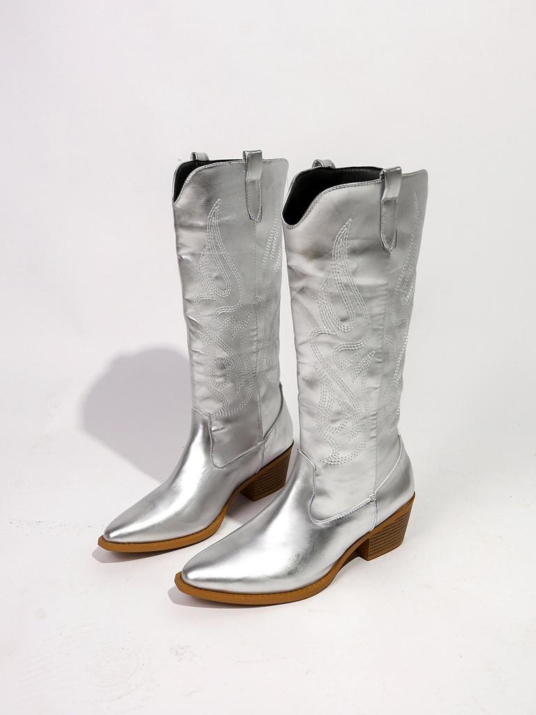 Autumn New Metallic Silver Gold Cowboy Boots Women Shoes Chunky Heels Plus Size Slip On Mid-Calf Music Festival Cowgirls Boots