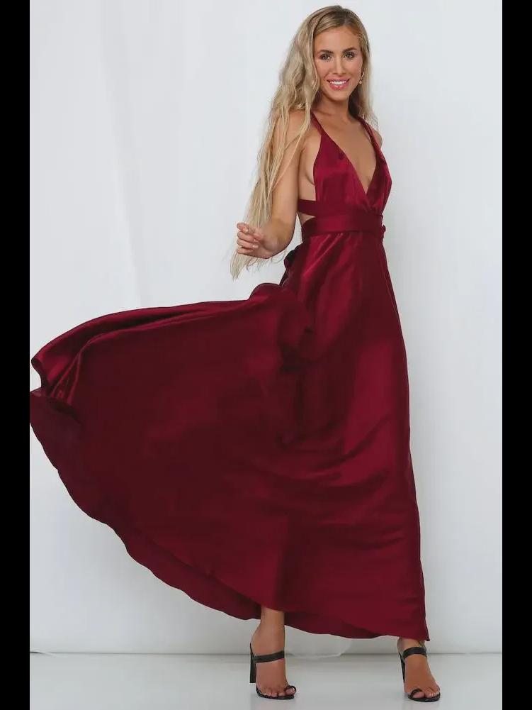 Europäisches und amerikanisches Abendkleid aus Satin mit tiefem V-Ausschnitt für Damen – eleganter, einfarbiger, langer Rock