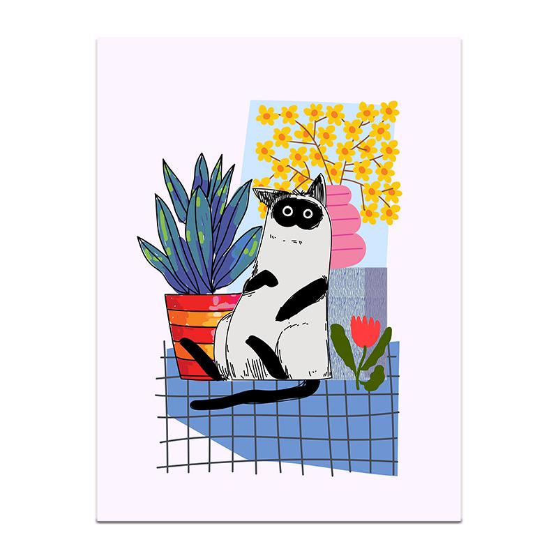 Canvas Painting Cute Black Cat with Flowers Wall Art Animal Poster Flower Print for Living Room Home Decor Unframed