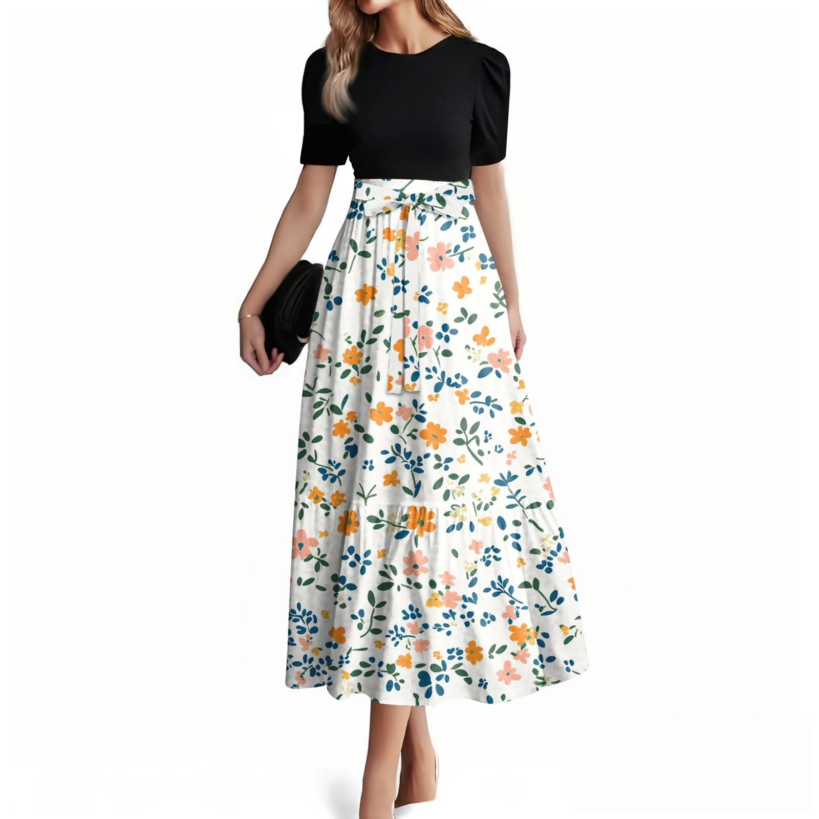 

Women s Fashion Casual Belt Short Sleeve Round Neck Stitching Elegant Temperament Dress S бежевий