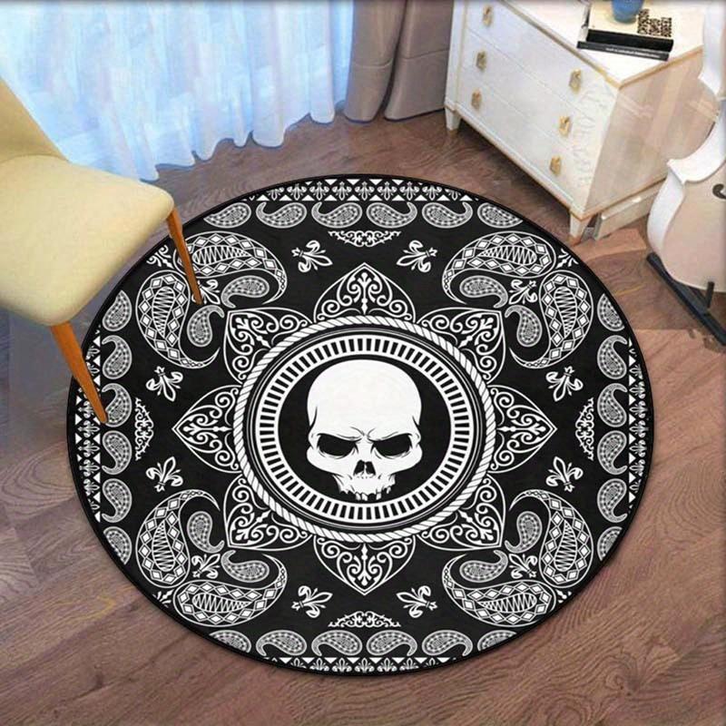 Skull paisley pattern round rug crystal velvet floor mat gothic black white design living room bedroom decor edgy art carpet