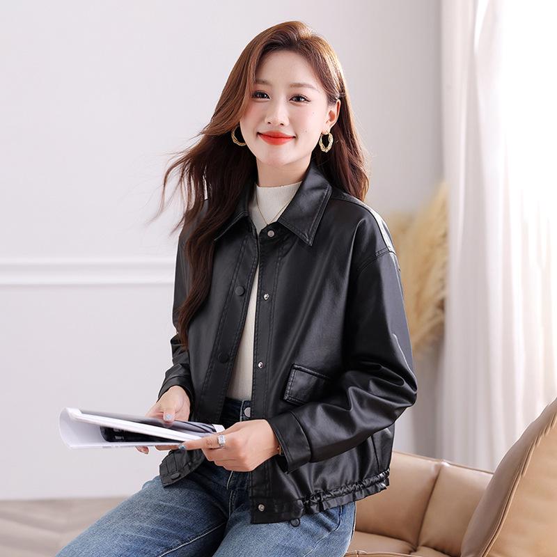Women's 2025 Slimming Fleece-Lined PU Leather Motorcycle Jacket - Spring/Autumn Fashion