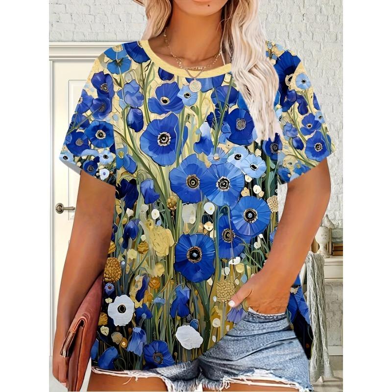 Comfortable and Elegant Style Painting Flower Element Printing Pattern Women's Round Neck Plus Size Short Sleeved T-shirt
