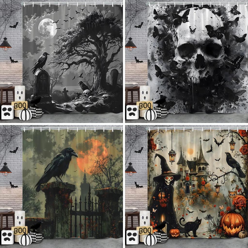 Spooky Horror Halloween Skeleton Crow Shower Curtain Black Bat Black Cat Polyester Fabric Bath Curtain Bathroom Decor With Hoo