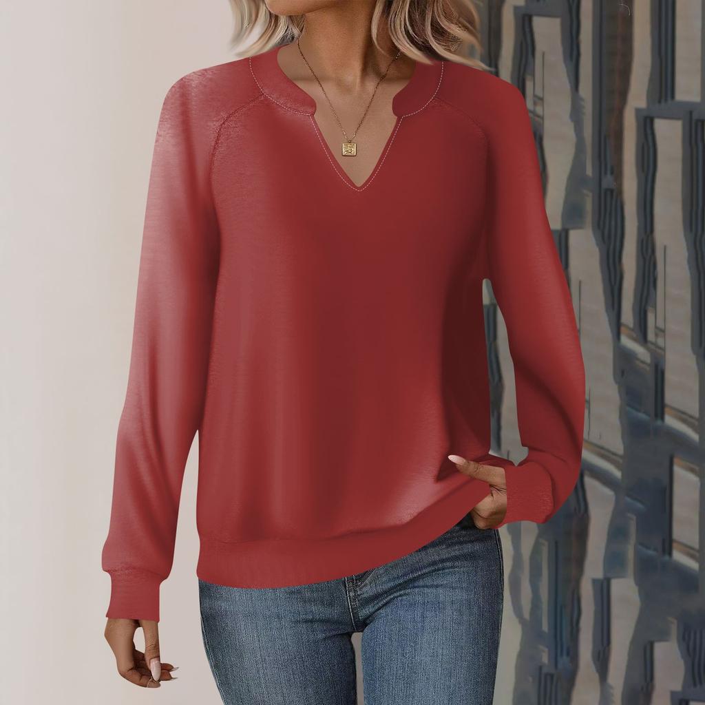Damen Casual Langarm V-Ausschnitt Sweatshirt Einfarbig Lose Pullover Top