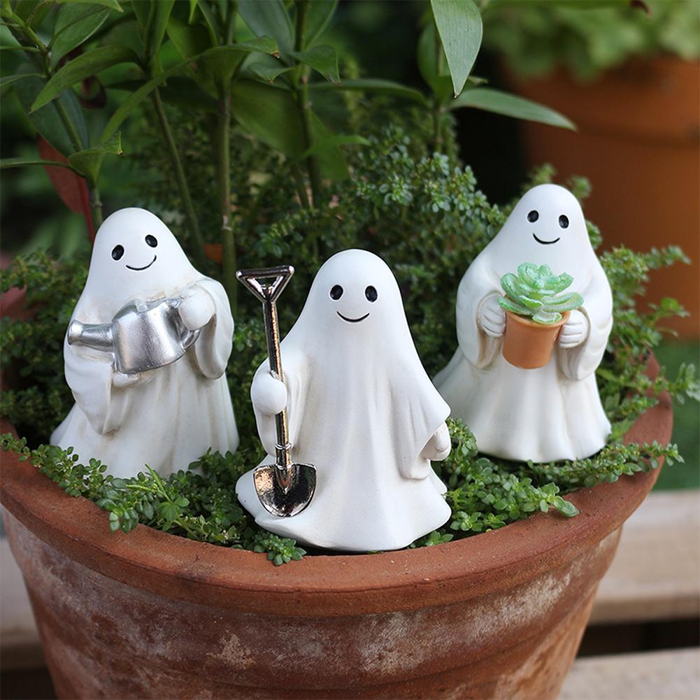 Lustiges Geisterfiguren-Set Halloween Gartendeko Niedliche Mini Harz Geisterstatue Ornamente Gartenarbeit/Lesen/Nichts Böses sehen Einzigartiges Geschenk